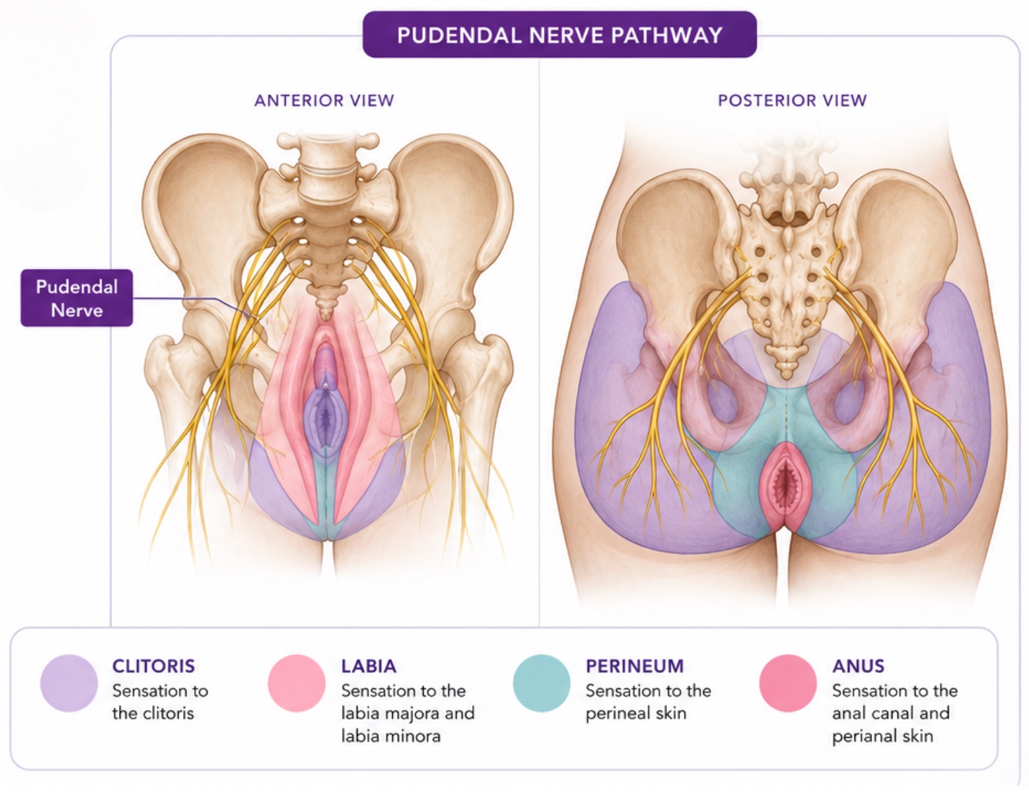 Pudendal nerve pathway, anterior and posterior views